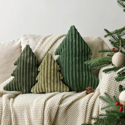 Christmas Decorations Plush Throw Pillows: Set of 3 Soft Green Velet Christmas Tree Shaped Pillow... | Amazon (US)