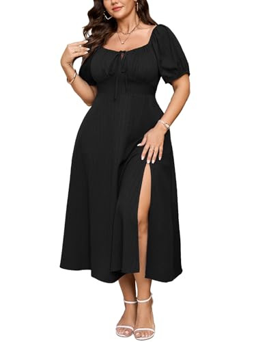 SHESTARR Plus Size Summer Dress Short Sleeve Square Neck Milkmaid Dress Tie Front Split A-Line Ma... | Amazon (US)