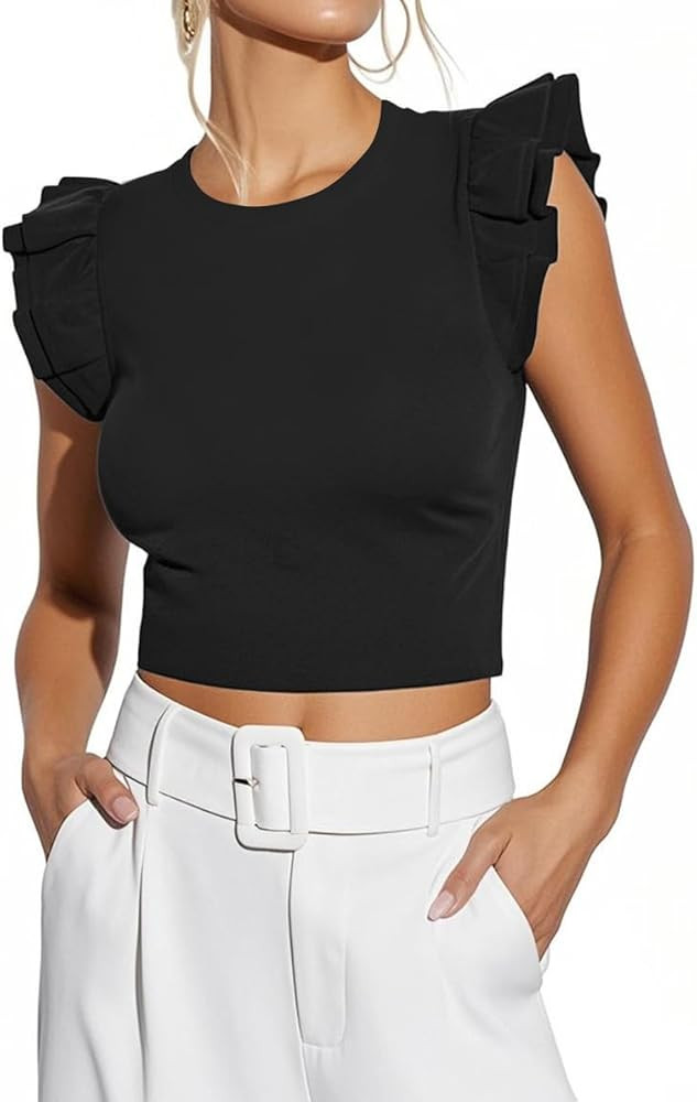Ezbelle Womens Crop Tank Tops Summer Ruffle Shirts Sexy Ribbed Knit Sleeveless Tshirt Fit Trendy ... | Amazon (US)