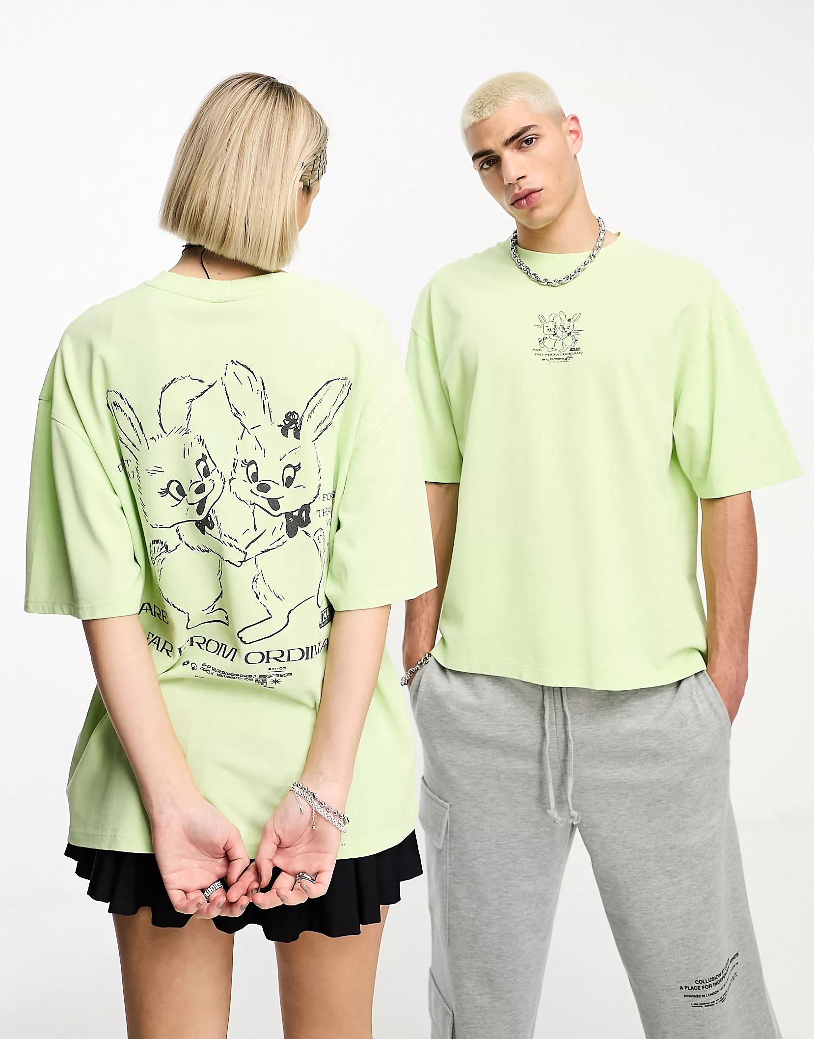 COLLUSION Unisex pique bunny back print t-shirt in lime | ASOS (Global)