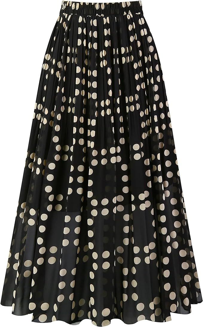 Kingfancy Women's Pleated Skirt Chiffon Elastic Waist A-Line Midi Length Skirt | Amazon (US)