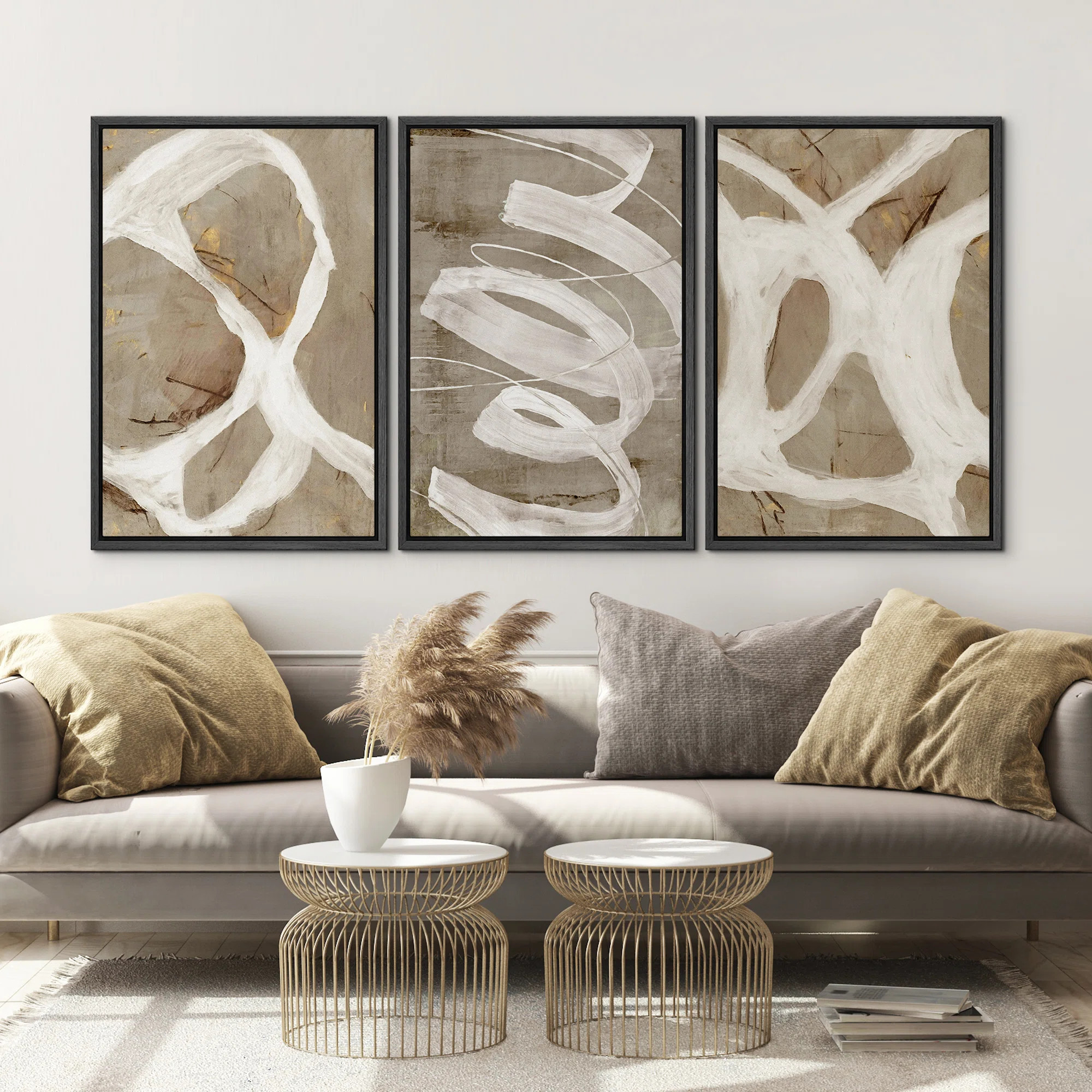 Pastel Tan Brown Green Neutral Modern Artwork  Abstract Picture Framed Canvas 3 Piece Print Wall ... | Wayfair North America