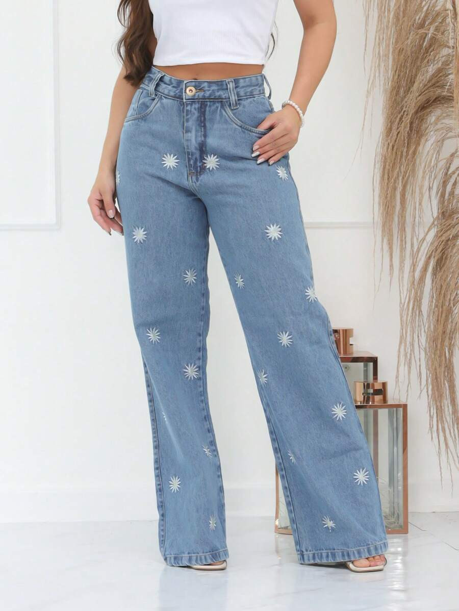 The lemon 5009 calça jeans com bordado wide leg pantalona com bolsa feminina com rascada 5009 | SHEIN