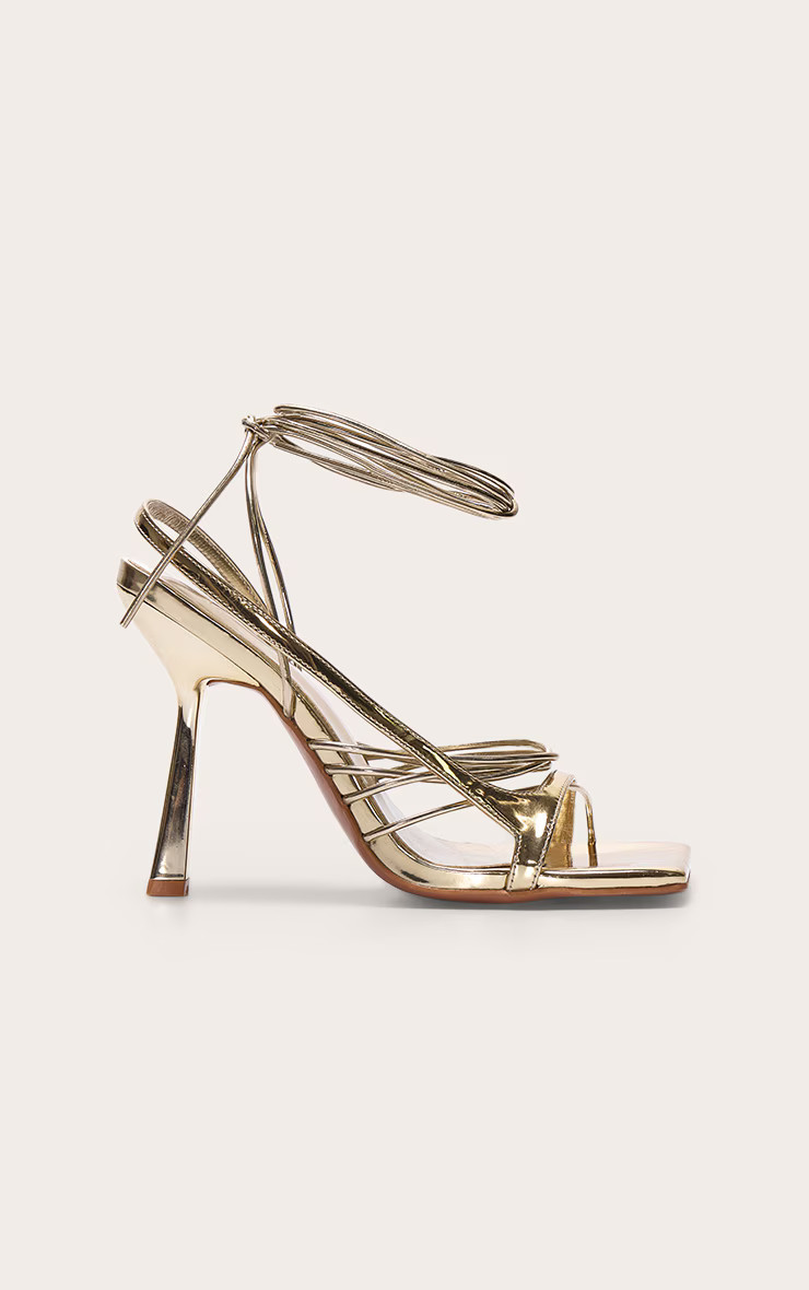 Gold Asymmetric Strappy High Heel Sandals | Footwear | PrettyLittleThing UK