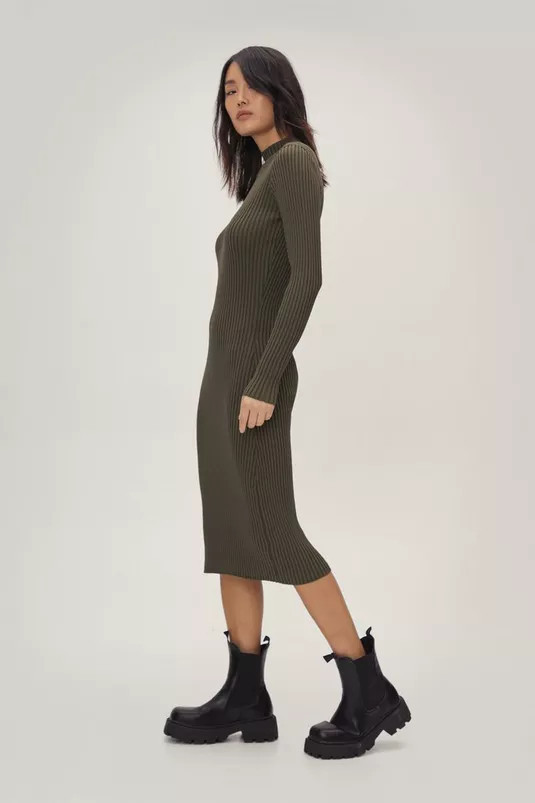 Knitted Ribbed High Neck Long Sleeve Midi Dress | Nasty Gal (US)