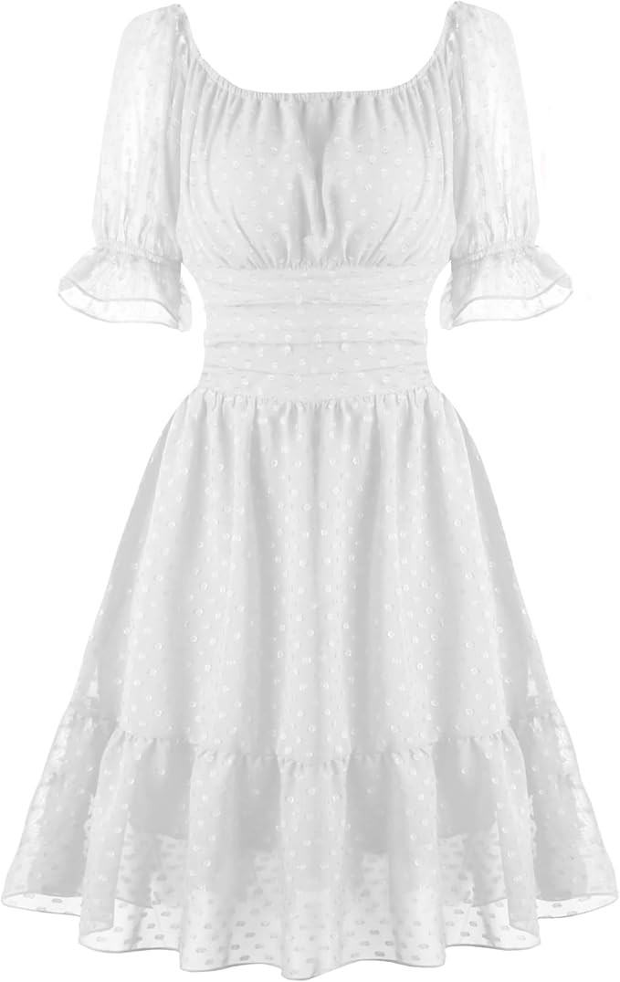 tagunop Women's Summer Casual Dress Smocked Square Neck Mini Dresses Ruffle Short Sleeve Sundress | Amazon (US)