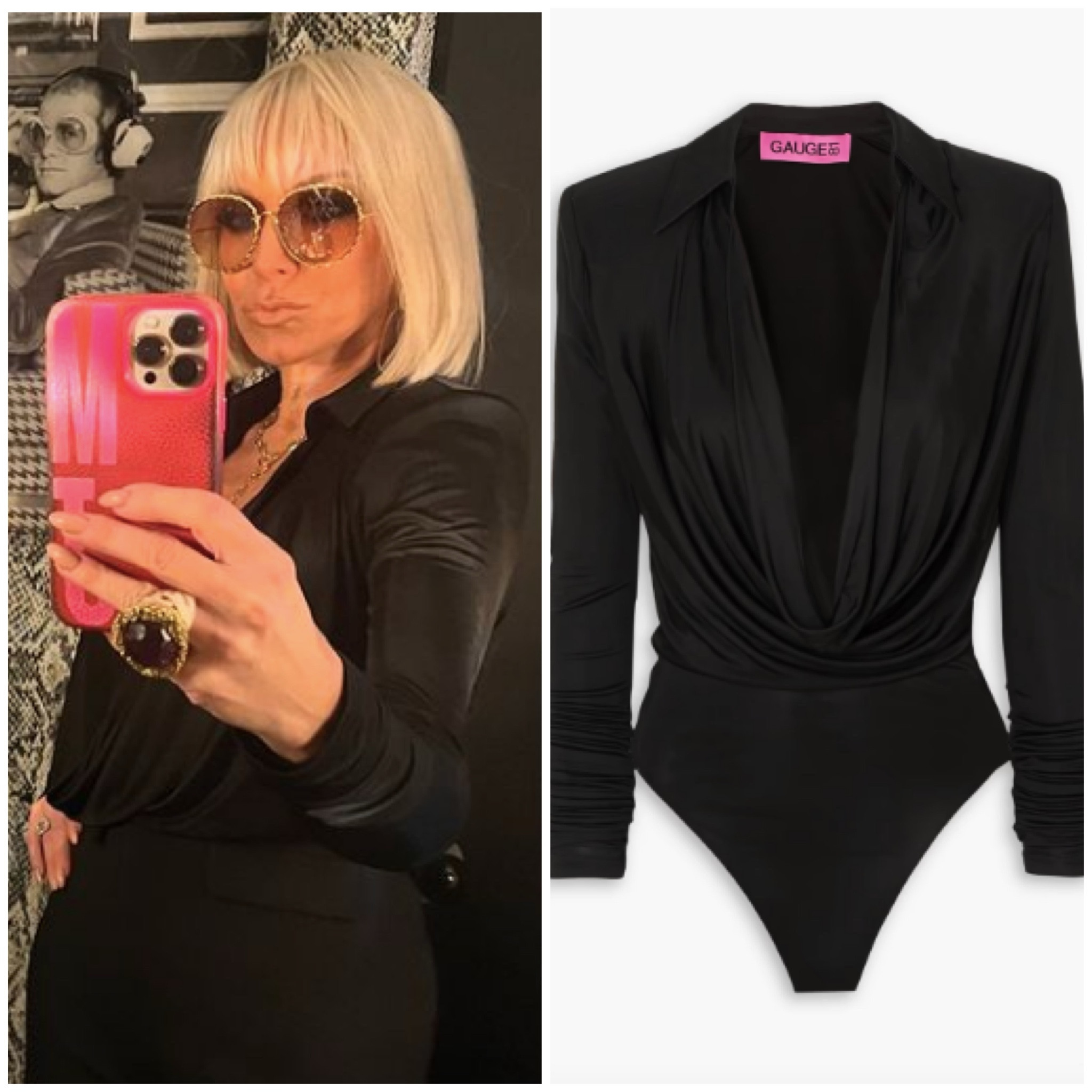 Margaret Josephs’ Black Bodysuit and Gold Y Necklace 