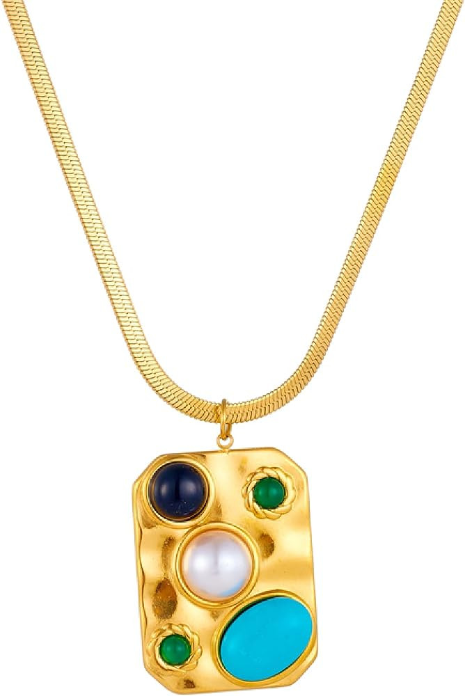 Fashion Square Pearl Turquoise Inlay Necklace For Women Girl Fashion Lady Gift Thick Neck Chain J... | Amazon (UK)