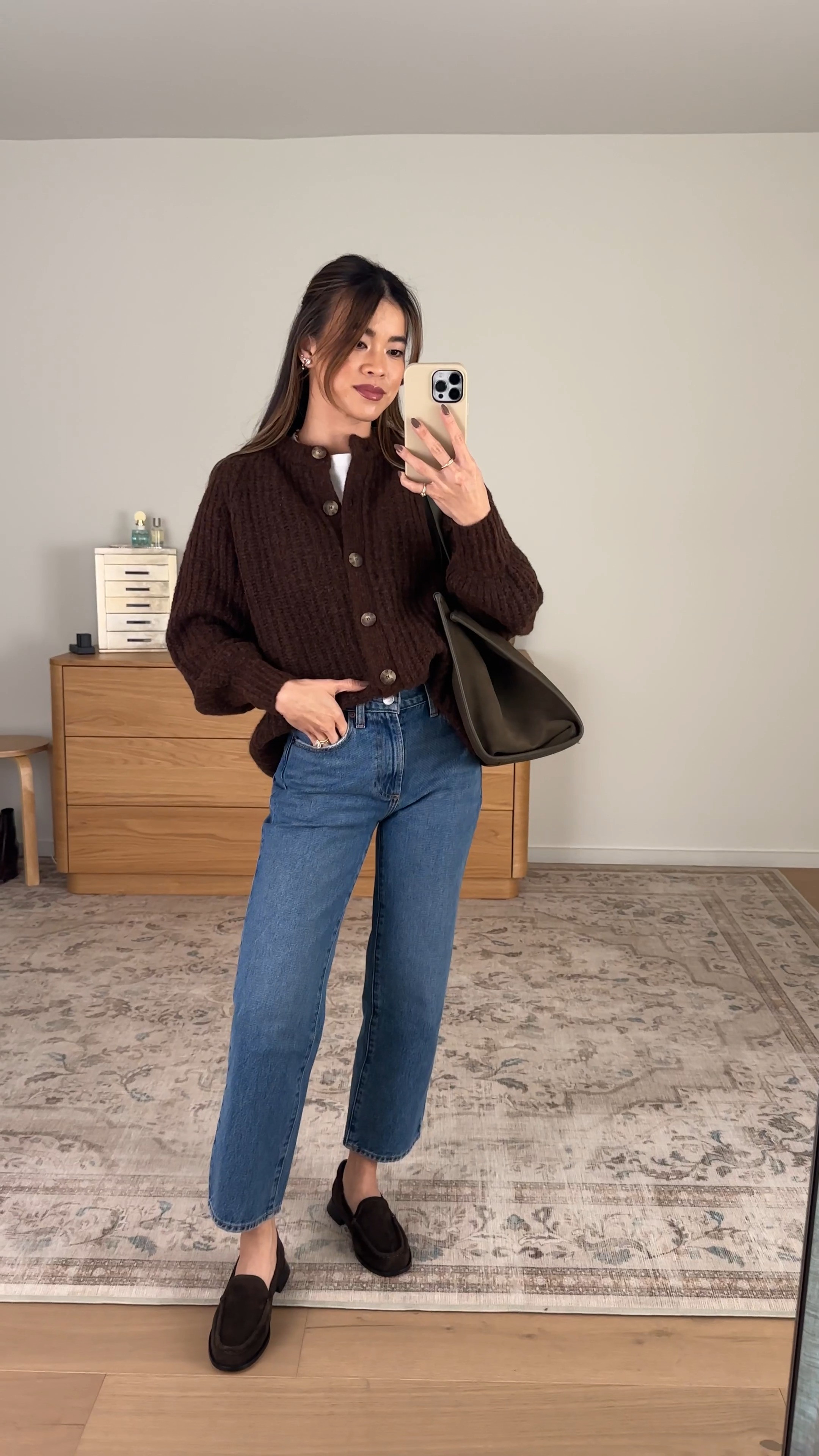 The coziest cardigan from @Quince! I sized up in it for an oversized fit.

Sizing info: 
•Quince Bella Rigid Straight Jeans (Size 24 Short in Horizon Blue) 
•Quince cotton boxy crewneck tee (Size XS in White) 
•Quince Lofty Baby Alpaca Oversized Chunky Crew Cardigan (Size Small in Truffle Veil Brown)

petite fashion, get dressed with me, outfit inspiration, ootd, nashville outfit, Nashville influencer, petite style, vacation style, casual outfits, mom style, petite pants, fall outfits, fall outfit info, fall pants, fall outfit idea, fall top, fall sweater, fall shoes, quince, petite jeans, quince, quince jeans, quince haul, cardigan, fall loafers, 

 #LTKootd #LTKSeasonal #LTKPetite