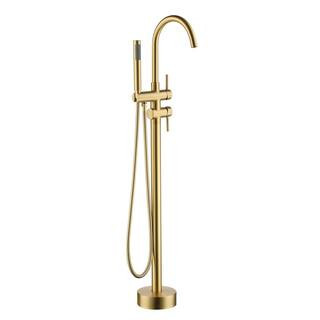 Freestanding Floor Mount 2-Handle Bath Tub Filler Faucet with Handheld Shower in Brushed Gold | The Home Depot