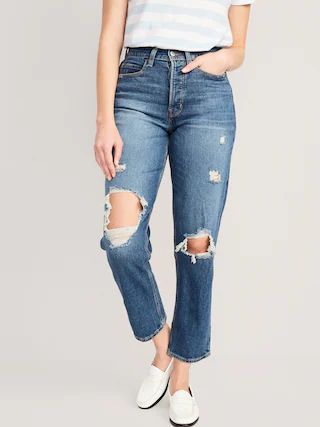 Curvy Extra High-Waisted Sky-Hi Straight Button-Fly Ripped Jeans for Women | Old Navy (US)