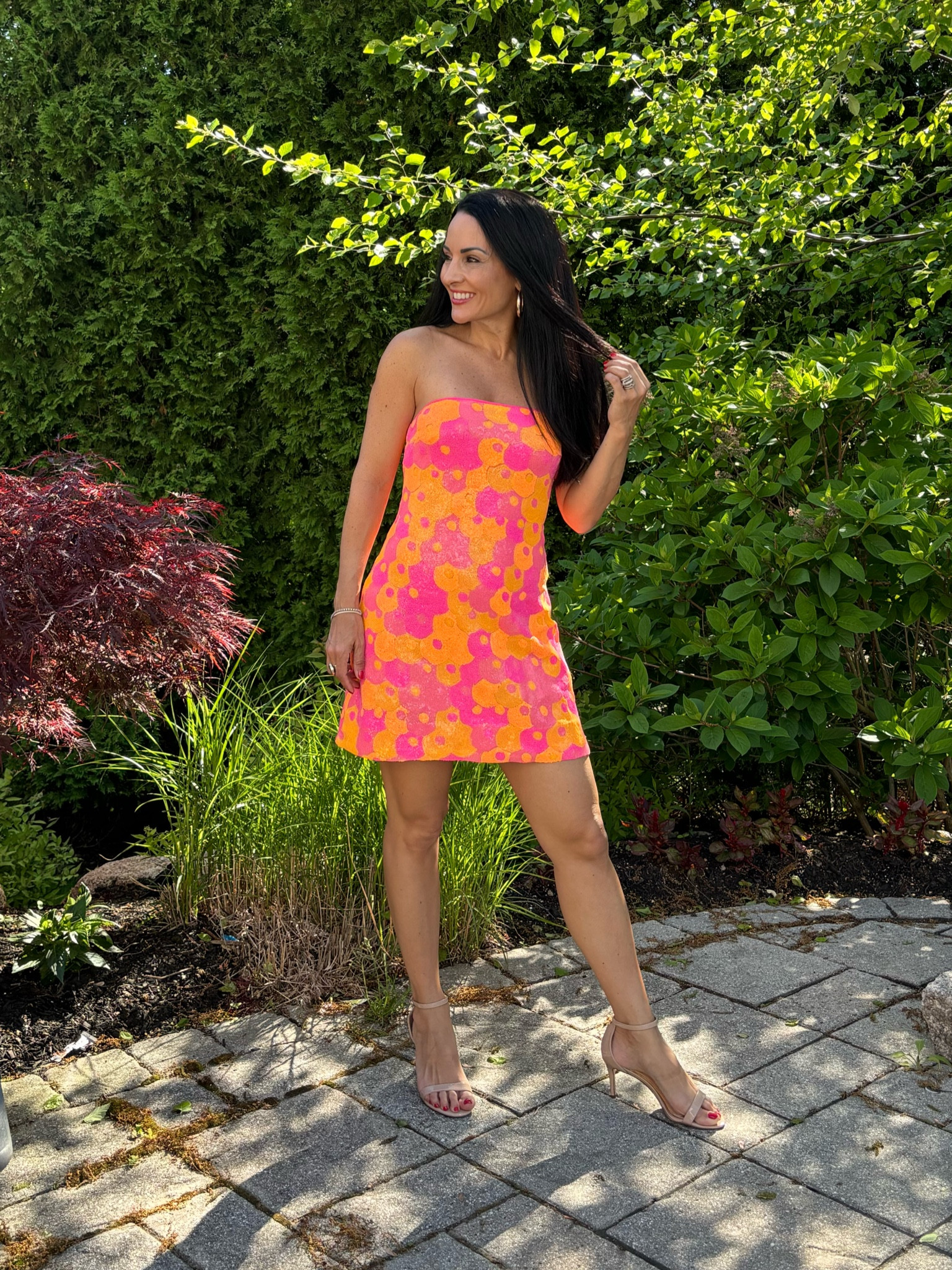 strapless open back dress JOVANI 03570 Neon Orange Sequin Fit-n-Flare Dress – Formalwear Outlet main image 1