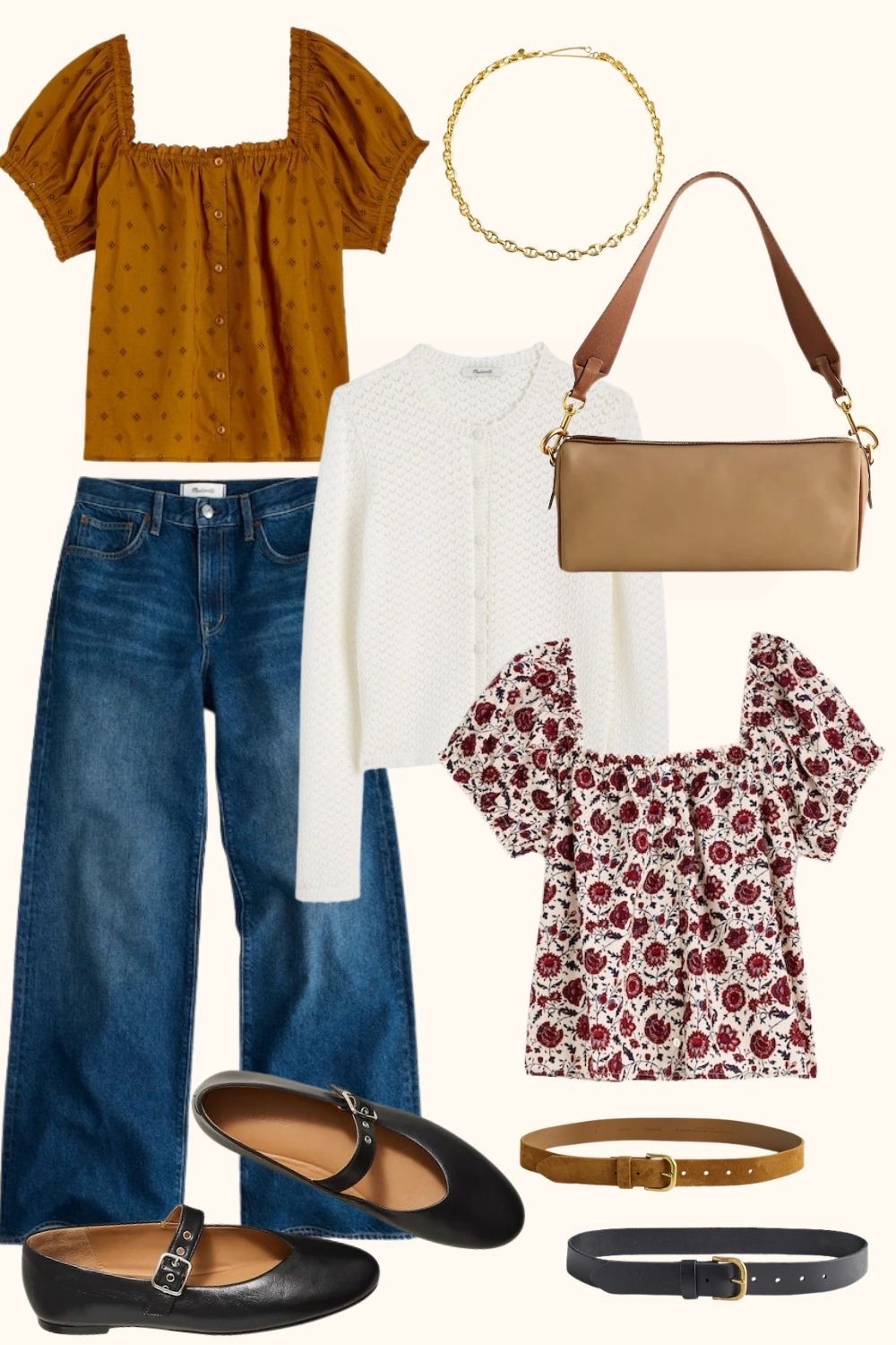 **Fall Edit**  Trendy Fall wardrobe pieces on my radar — I don’t have (yet) but would absolutely add to cart @Madewell 🤎

Trendy Fall tops + wide-leg jeans are giving all the cozy autumn vibes. Add a neutral cardigan sweater, shoulder bag, Mary Jane shoes, chic belt, and a warm gold chain necklace to pull it all together. ✨fall outfits women

#LTKxMadewell #LTKOver40 #LTKPetite