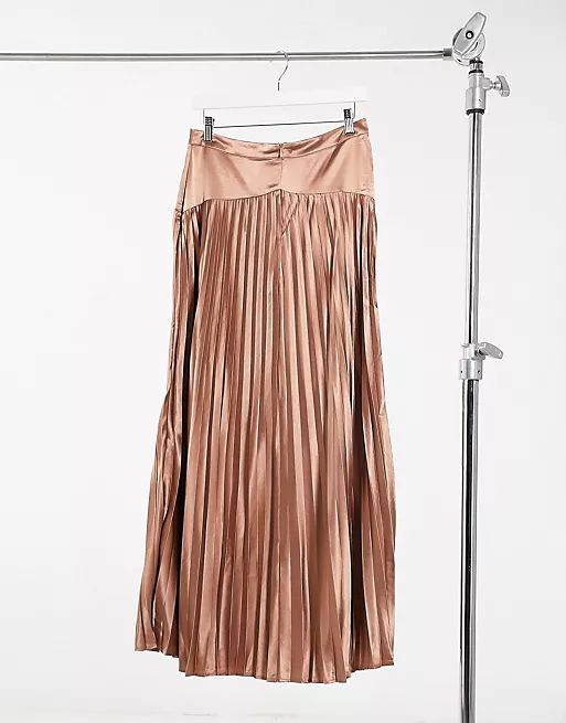 Vila satin pleated maxi skirt in copper brown | ASOS (Global)