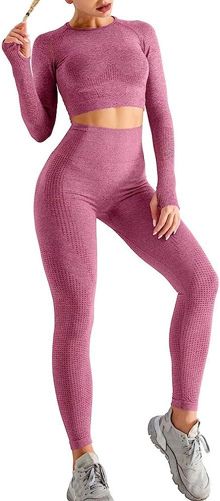 Women's Seamless 2 Piece Outfits Workout Long Sleeve Crop Top High Waist Yoga Legging Sets | Amazon (US)