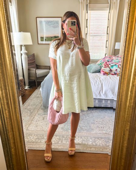 The cutest linen dress // I’m in a small @ 30 weeks // so flowy & comfy, runs a little bit big // raffia sandals & beaded bag (this is the lilac) 

#LTKSeasonal #LTKItBag #LTKFindsUnder100