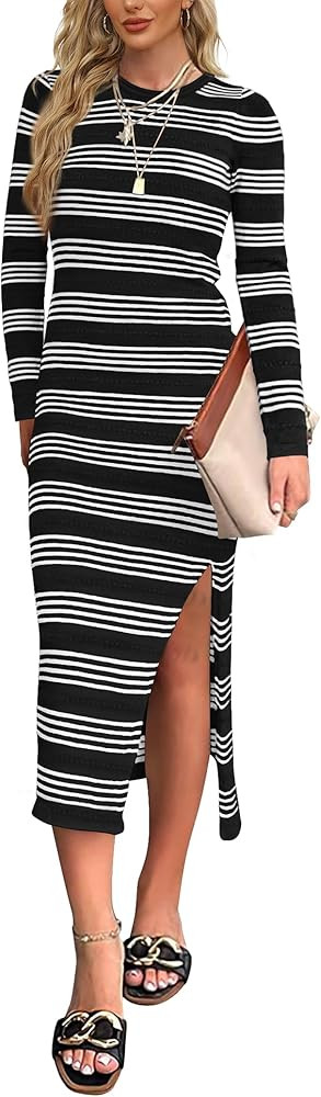 WIHOLL Women's Long Sleeve Midi Dress Slim Fit Striped Knit Side Slit Bodycon Fall Sweater Dresse... | Amazon (US)
