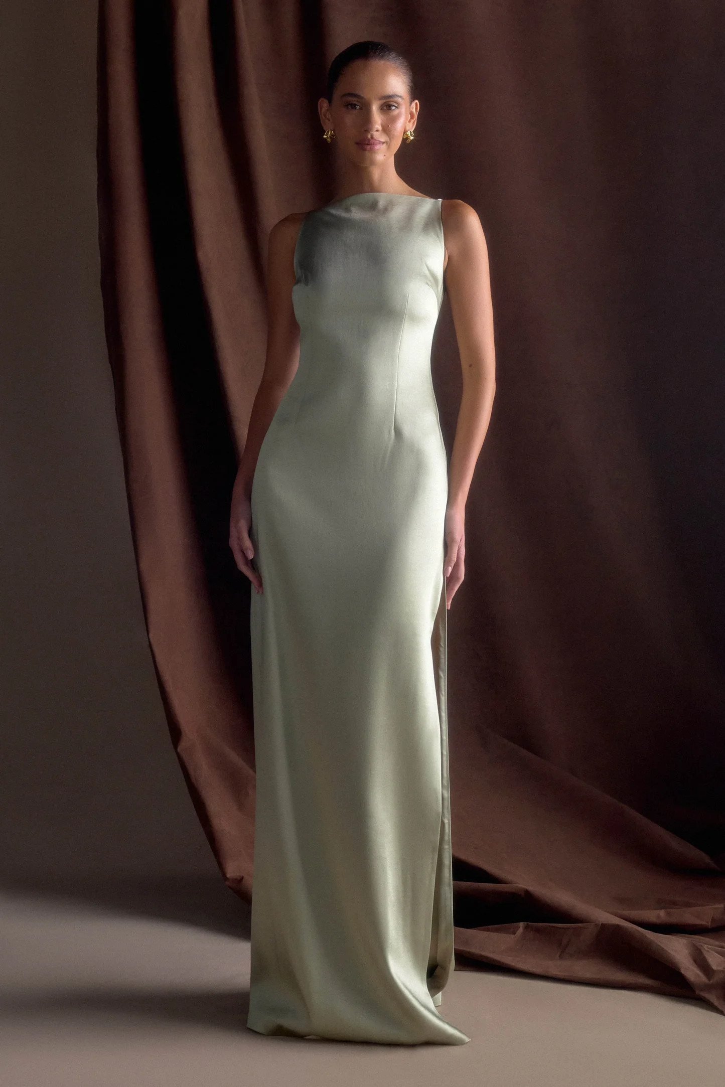 Sleeveless Satin Maxi Dress - Sage | MESHKI US