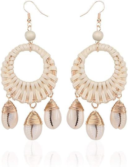 Rattan Straw shell Dangle Earrings Boho Wicker Woven Handmade Earrings Lightweight Geometric Drop... | Amazon (US)
