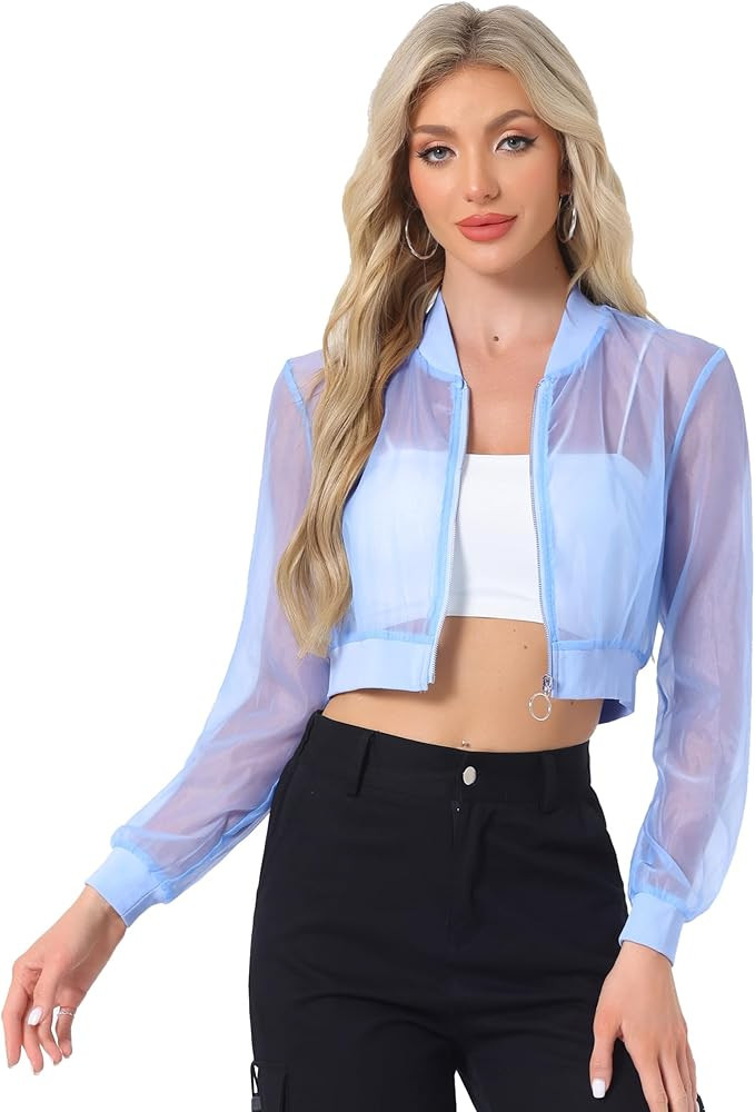 Allegra K Mesh Crop Jacket for Women's Party Club Lightweight Long Sleeve Bomber Sheer Jacket | Amazon (US)