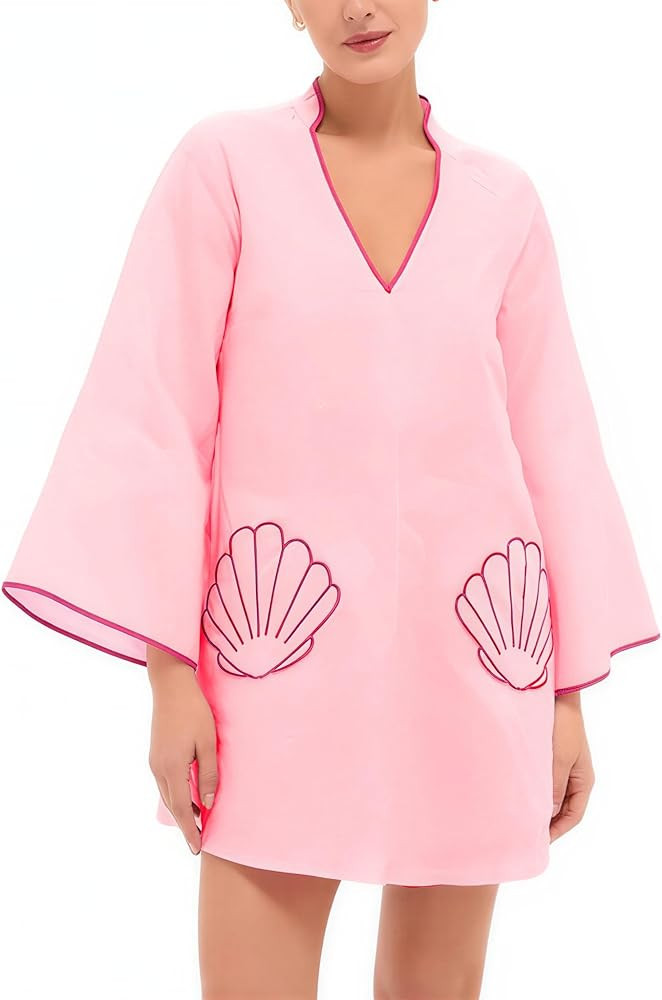 VAOYIU Summer Dresses for Women Loose Fit V-Neck Shell Embroidery Mini Dress Boho 3/4 Casual Slee... | Amazon (US)