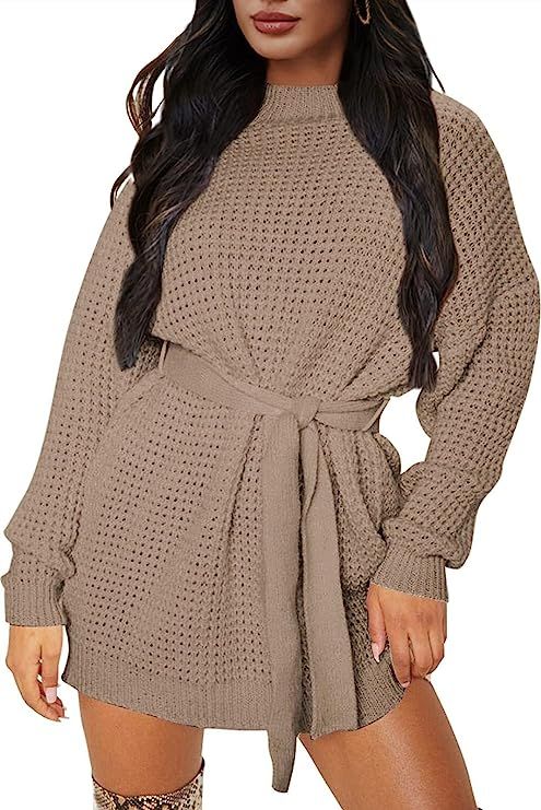 ZESICA Women's Long Sleeve Solid Color Waffle Knitted Tie Wasit Tunic Pullover Sweater Dress | Amazon (US)