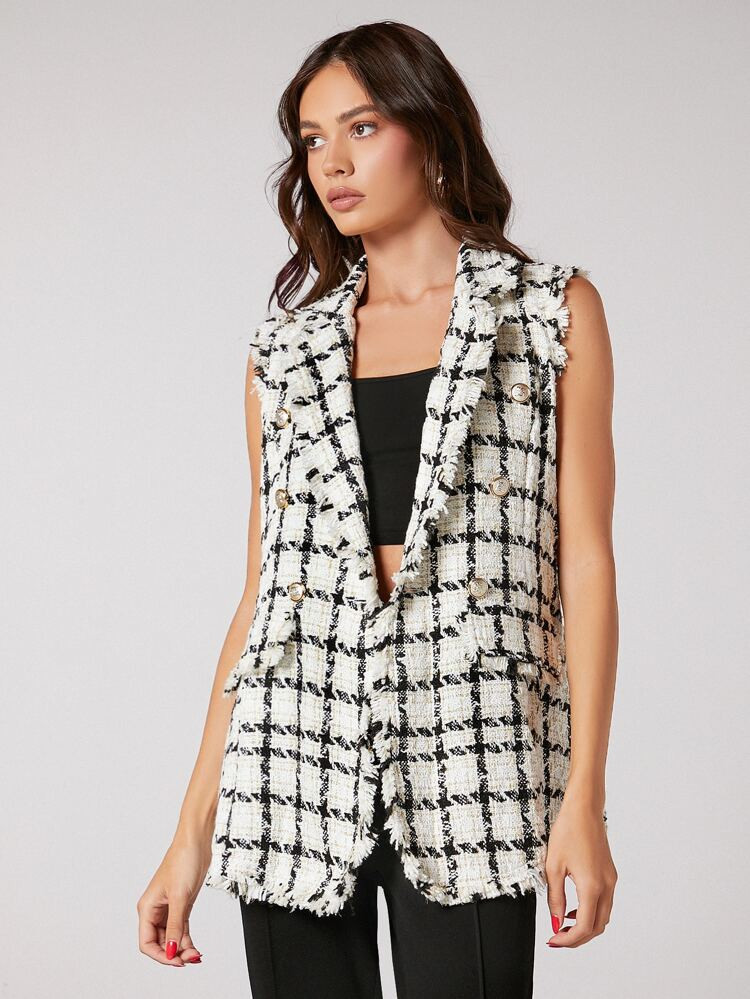 SHEIN BIZwear Notch Collar Frayed Edge Tweed Vest Blazer | SHEIN