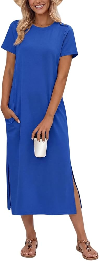 GRECERELLE Midi Dresses for Women - Wrinkle-Free Crewneck Split Long Dress for Work Travel Casual... | Amazon (US)