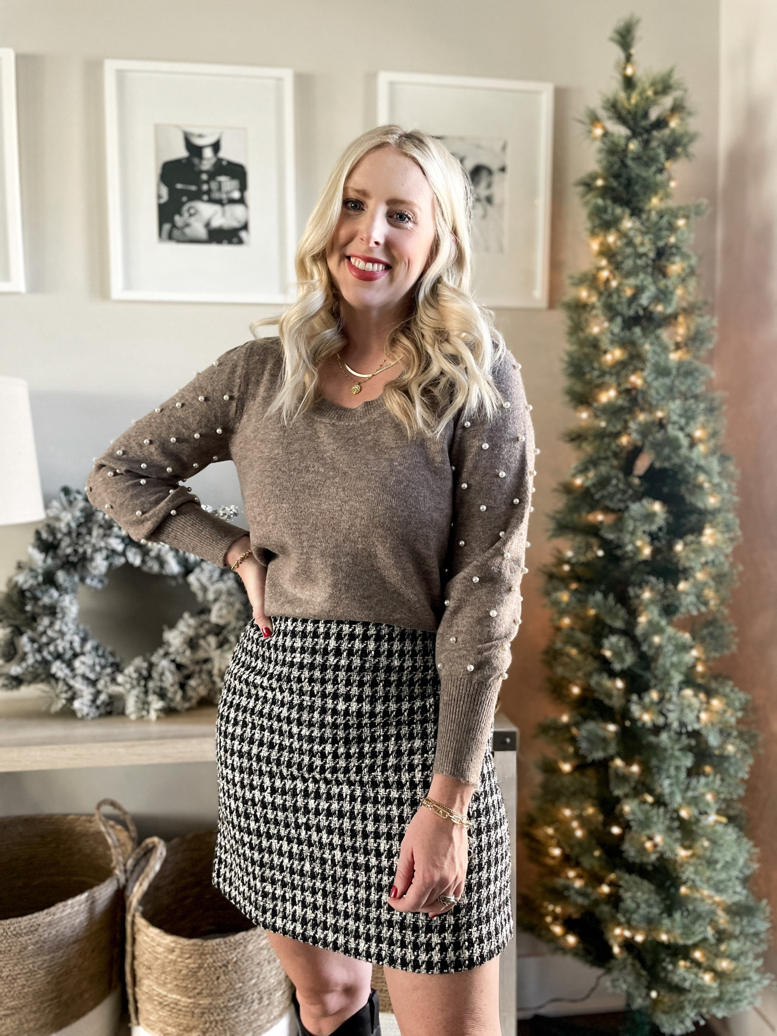 Holiday outfit, holiday style, Pearl sleeve sweater, houndstooth skirt, black boots 

#LTKsalealert #LTKunder50 #LTKHoliday