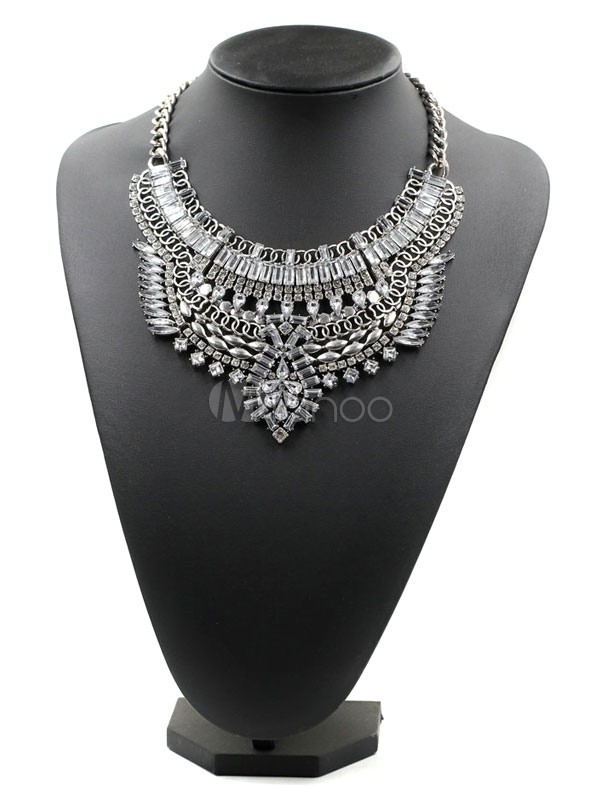 Silver Statement Necklace Artwork Detail Rhinestones Embedded Vintage Necklace | Milanoo