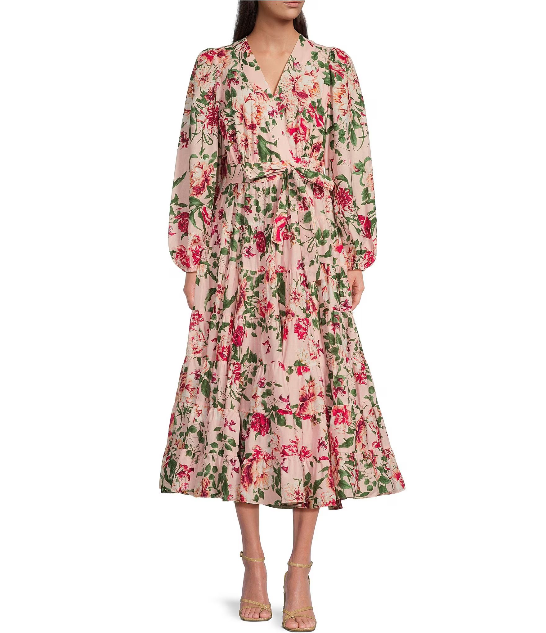 Gibson & Latimer Tiered Long Sleeve Tie Waist Wrap Floral Print Midi Dress | Dillard's | Dillard's