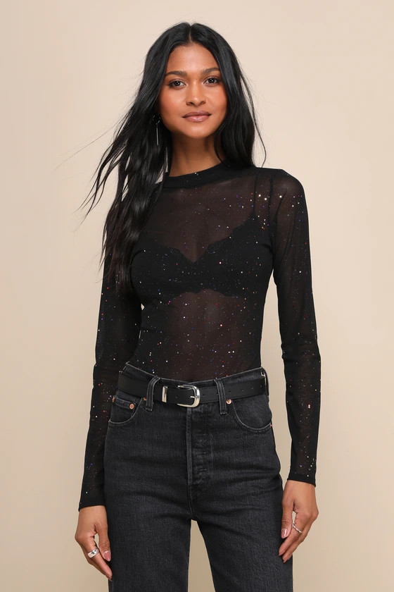 Strike an Attitude Black Mesh Multi Embellished Mesh Bodysuit | Lulus