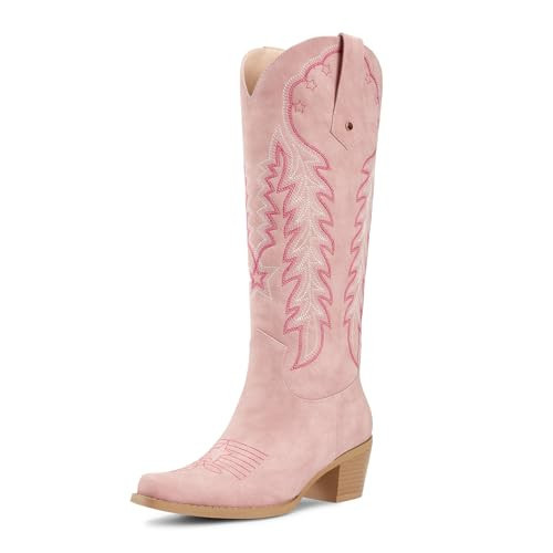 wetkiss Women's Cowboy Boots Knee High Boots Western Boots with Retro Embroidered Pointed Toe Chunky Heel Pull On Long Tall Boot for Ladies (Pink Size11) | Amazon (US)