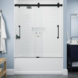 Paxos 60 in. W x 62-1/4 in. H Sliding Frameless Bathtub Door in Matte Black with 5/16 in. (8 mm) ... | The Home Depot