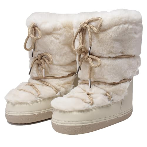 ZHENAIYISHENG Faux Fur Boots for Women - Fuzzy Fluffy Furry Water Resistant Snow Boots for Women - Anti-Slip with Cotton Sponge Lined and TPR Rubber Sole Black White Fur Boots beige 6 7 | Amazon (US)