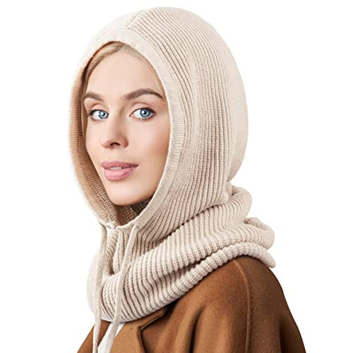 Hooded Scarf Hat Knit Balaclava Women Beanie Skull Cap with Drawstring Warm Winter Hats for Women Men Outdoor Sports | Amazon (US)