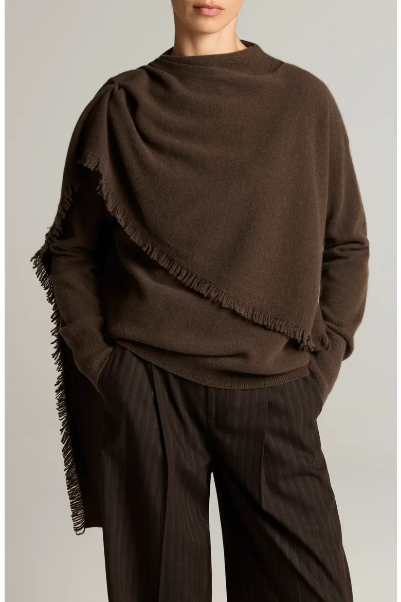 Vince Draped Fringe Scarf Sweater in Pinewood at Nordstrom, Size X-Small | Nordstrom