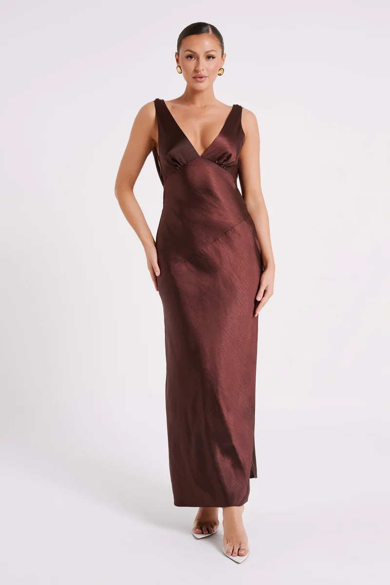 Nadia Maxi Satin Dress With Back Cowl - Dark Chocolate | MESHKI US