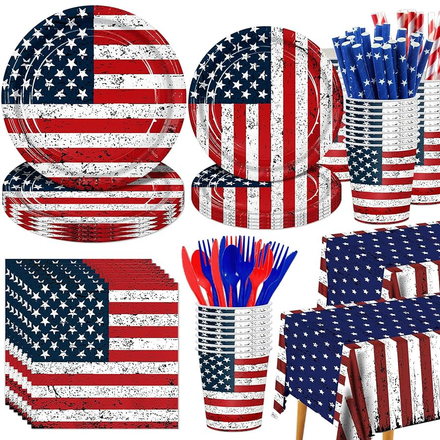 194Pcs Vintage Patriotic Party Supplies Set- American Flag Dinnerware - 9"+7" Plates, Cutlery, Na... | Amazon (US)