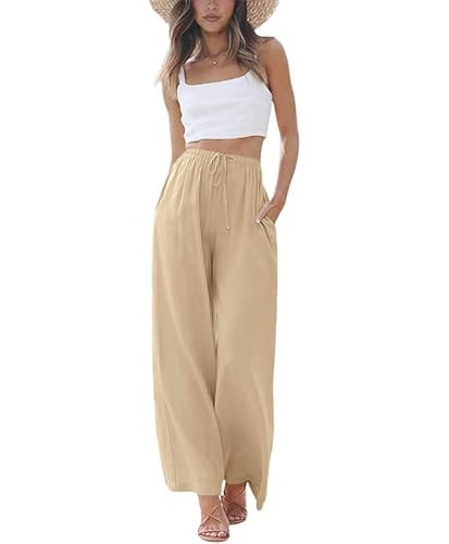 PURPEARL Linen Pants Women Summer Palazzo Pants Flowy Wide Leg Beach Trousers with Pockets Apricot | Amazon (US)