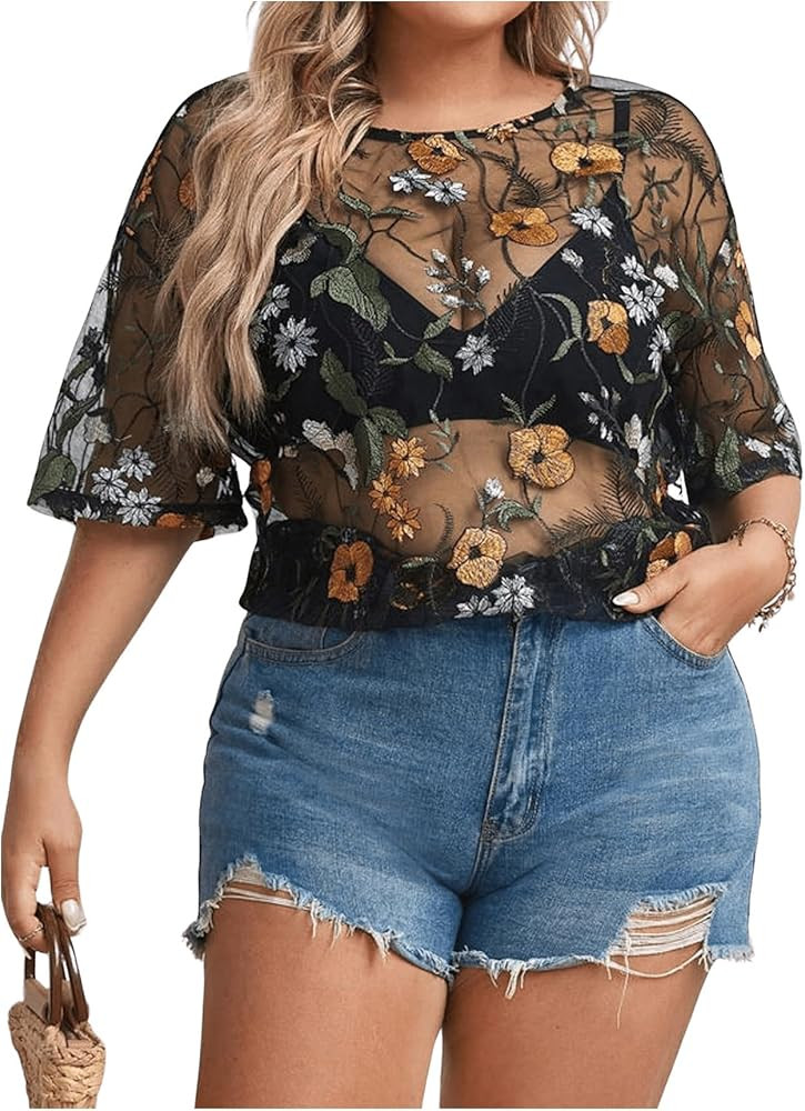 MakeMeChic Women's Plus Size Glitter Sheer Mesh Short Sleeve Tee Shirt Top | Amazon (US)