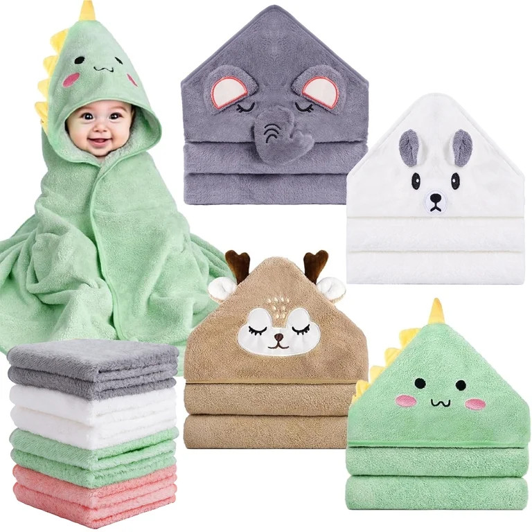 Lumikrypt 12Pcs Baby Bath Towels Set, 4 Pcs Animal Hooded Baby Towels & 8 Pcs Washcloths Set, Bab... | Walmart (US)