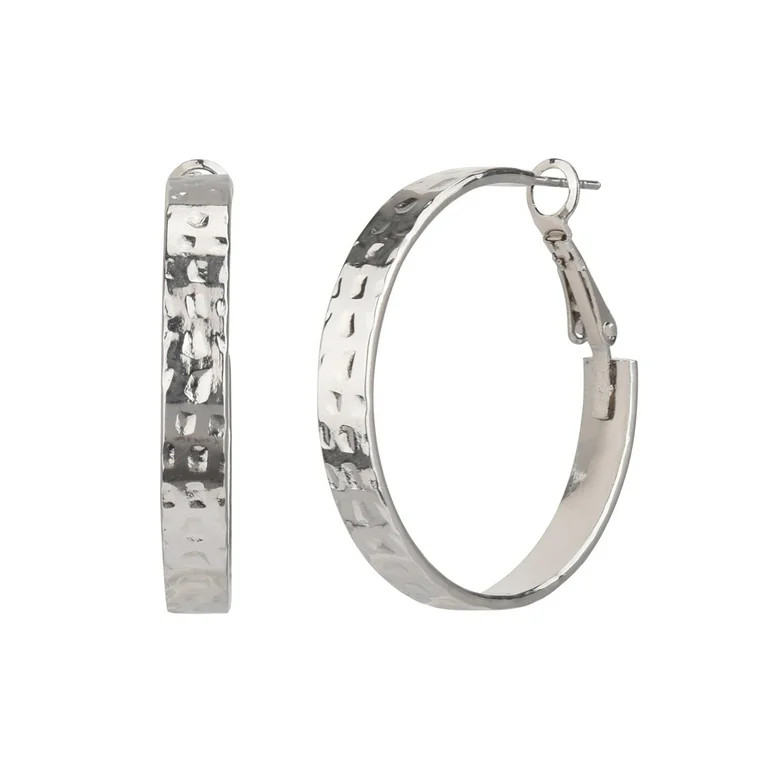 Time and Tru Adult Women's Silver Tone Hammered Metal Hoop Earring - Walmart.com | Walmart (US)