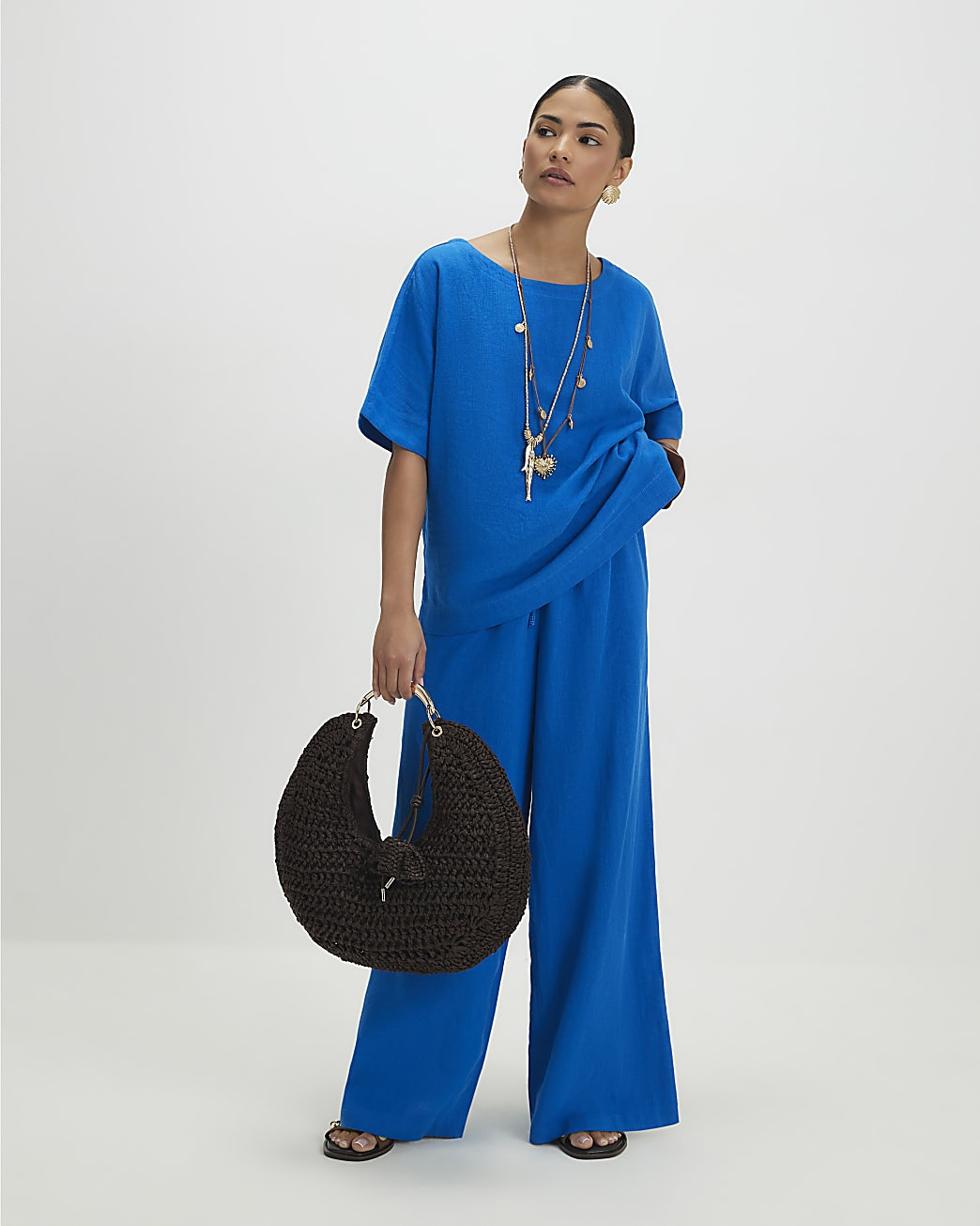 Petite Blue Linen Blend Wide Leg Trousers | River Island UK & IE