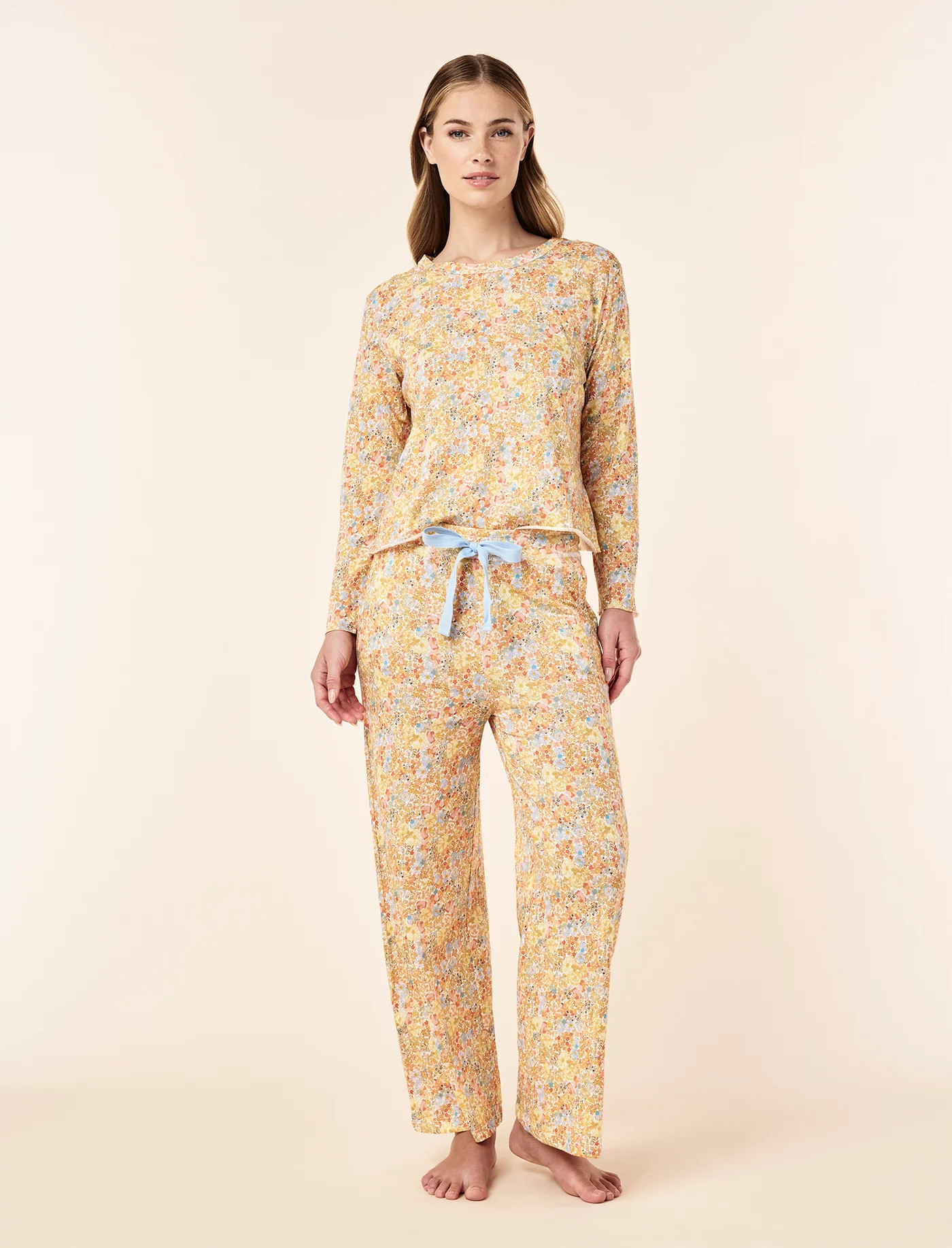 Carly Organic Knit Boxy Long Sleeve Tee & Full Length Pant Set | Papinelle Sleepwear US