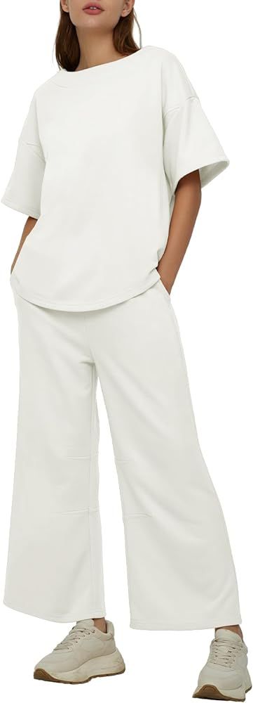 DEEP SELF Women's 2 Piece Summer Outfits Short Sleeve Crew Neck Tops Wide Leg Pants Casual Lounge... | Amazon (US)