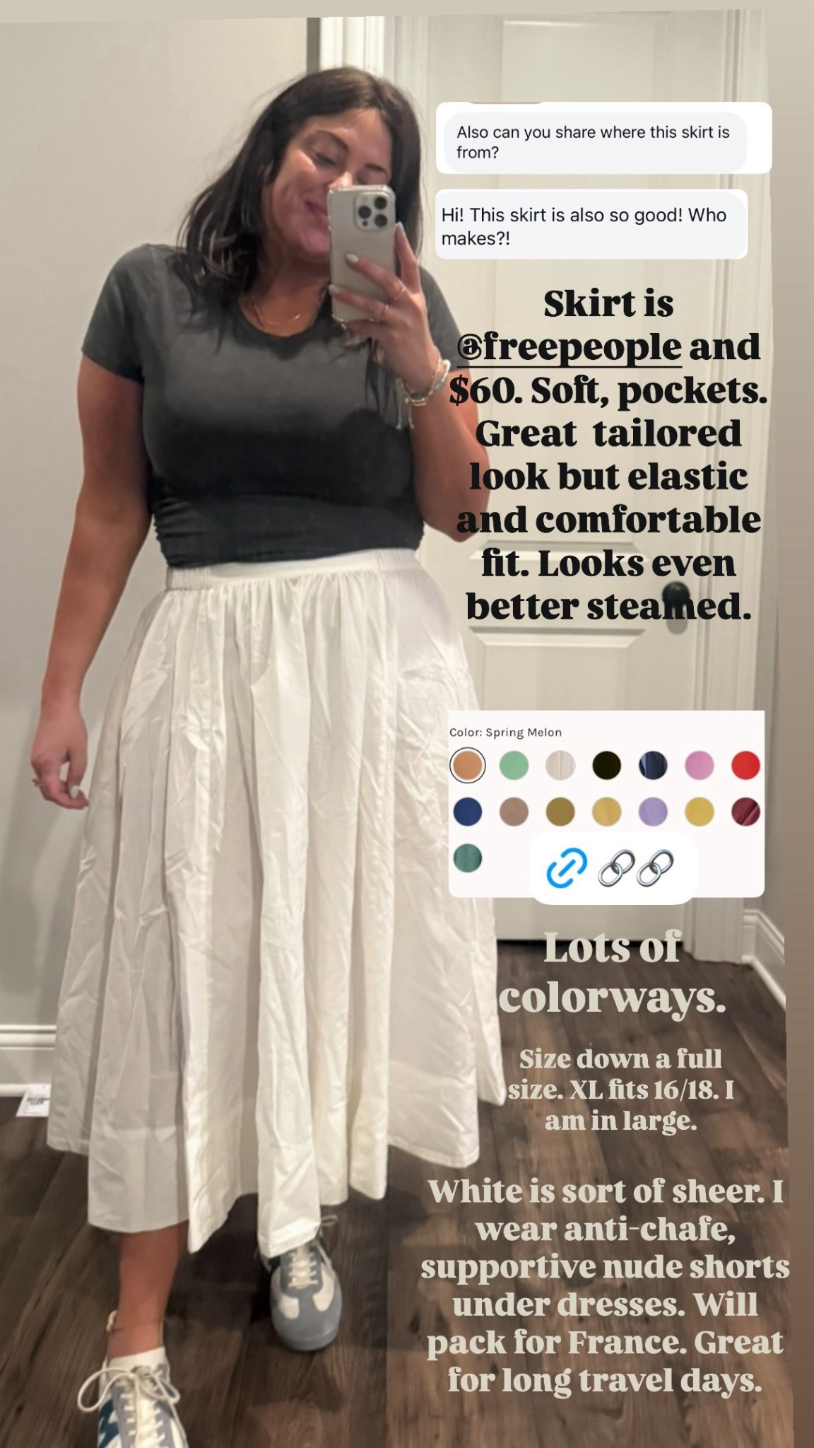 Skirt is Free People. It is so soft, has pockets, and is a great option for travel.  I sized down a whole size. XL fit s a 16/18; I am in a large. I will definitely be packing for France.

#LTKMidsize #LTKPlusSize #LTKFindsUnder100
