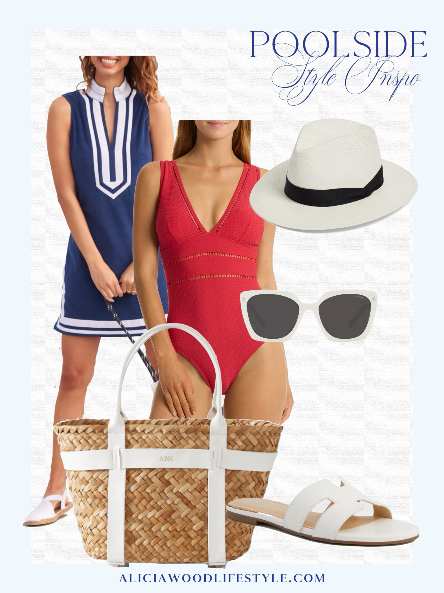 Red one piece swimsuit
Navy terry coverup
White sandals
Straw tote with white leather details
White sunglasses 
White hat with trim 

#LTKStyleTip #LTKSeasonal #LTKOver40