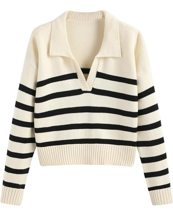 CIDER Women’s Polo Sweater Striped Collared Lightweight Long Sleeve V Neck Pullover Fall Sweate... | Amazon (US)