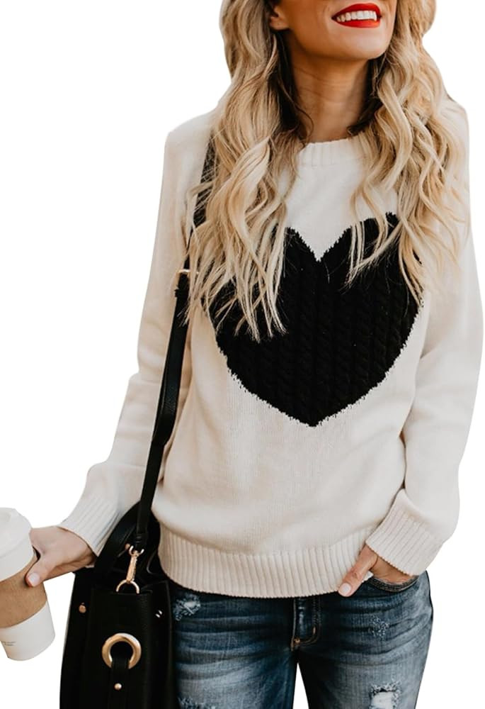 shermie Women's Pullover Sweaters Long Sleeve Crew Neck Cute Heart Knitted Casual Sweater | Amazon (US)
